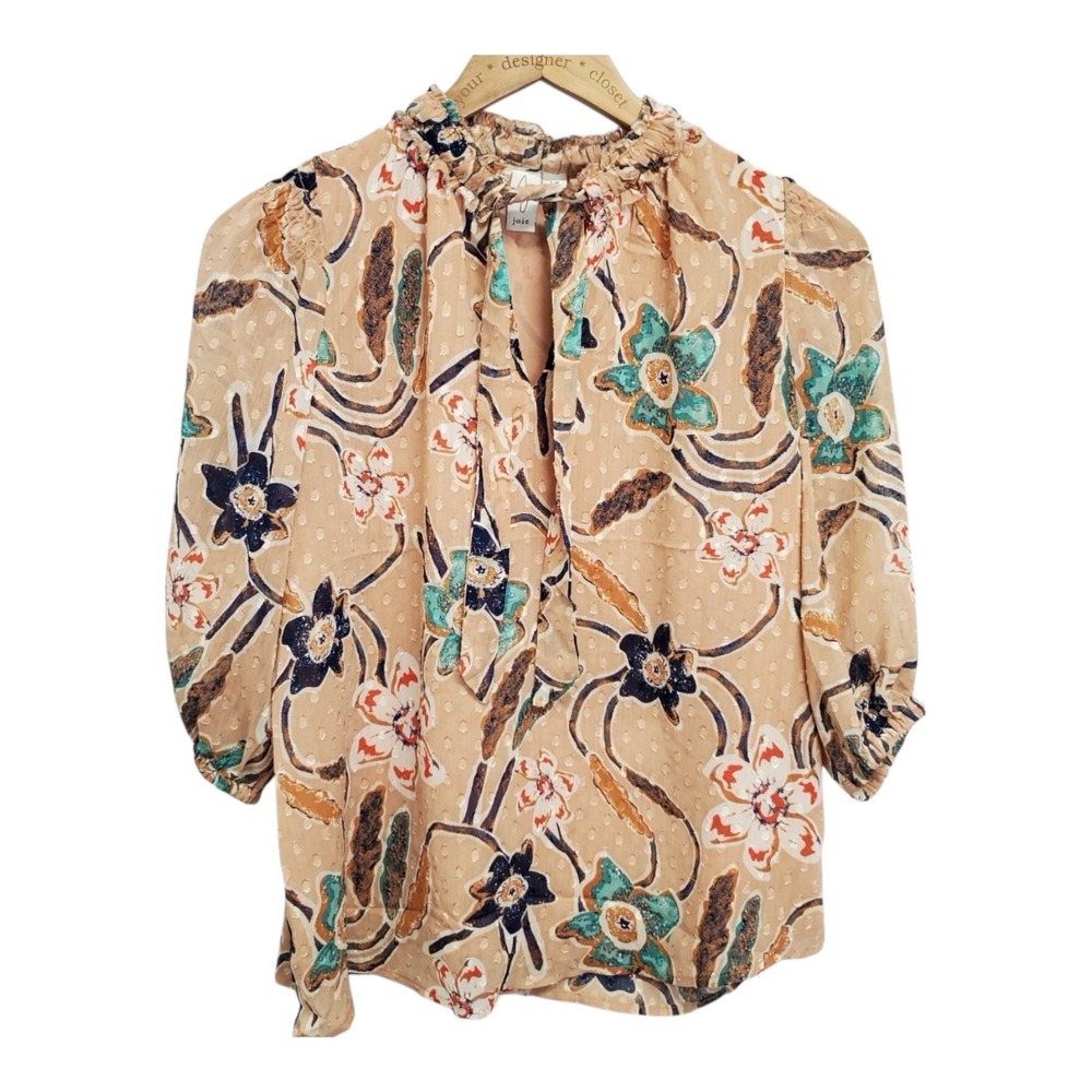 JOIE S Swiss Dot Tie-Neck Blouse Women Small Floral Peasant Ruffle 3/4 Sleeve A8